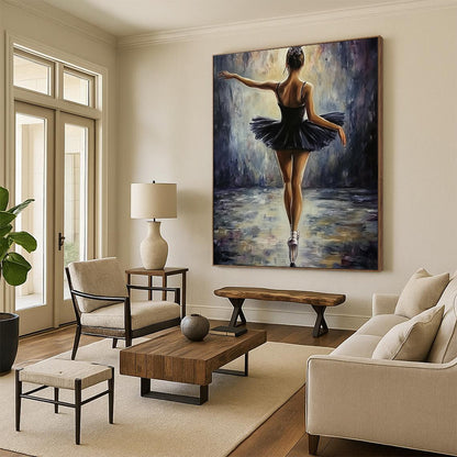 Contemporary abstract painting featuring a ballerina in a black dress, elegant pose, soft lighting, textured brush strokes, perfect for adding sophistication to any space. DLZ1672