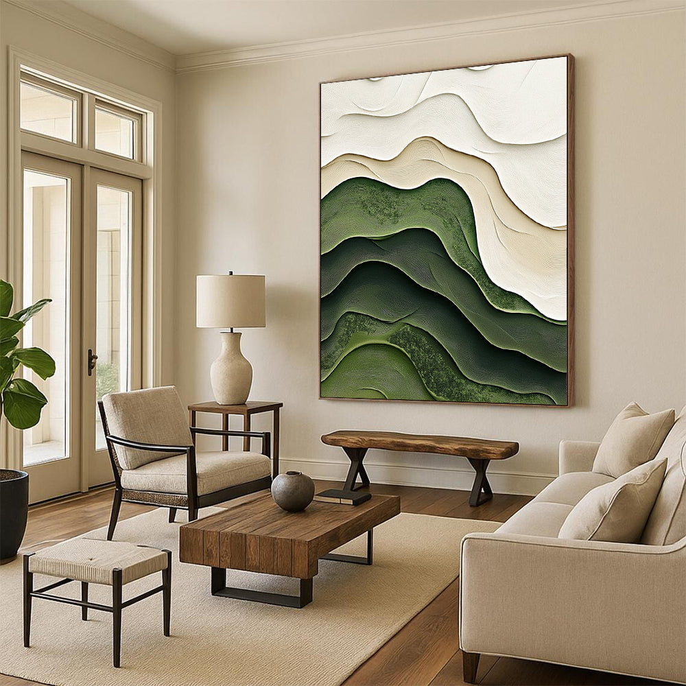 Contemporary abstract artistry featuring soft green and white layered topography enhances modern decor with elegant curves and intricate organic textures. DLZ1227