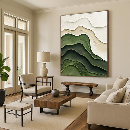Contemporary abstract artistry featuring soft green and white layered topography enhances modern decor with elegant curves and intricate organic textures. DLZ1227