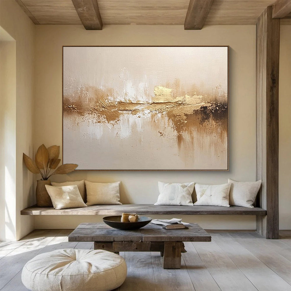 “Golden - Beige Reflective Abstraction” - Gold, Beige, Reflective Textures Painting On Canvas HB0791