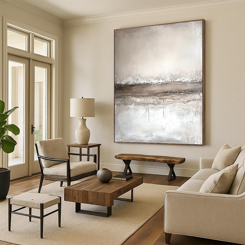 Abstract painting featuring neutral tones in faded beige and white with horizontal lines and a textured background on a large canvas in minimalist style. DLZ0559