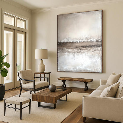 Abstract painting featuring neutral tones in faded beige and white with horizontal lines and a textured background on a large canvas in minimalist style. DLZ0559