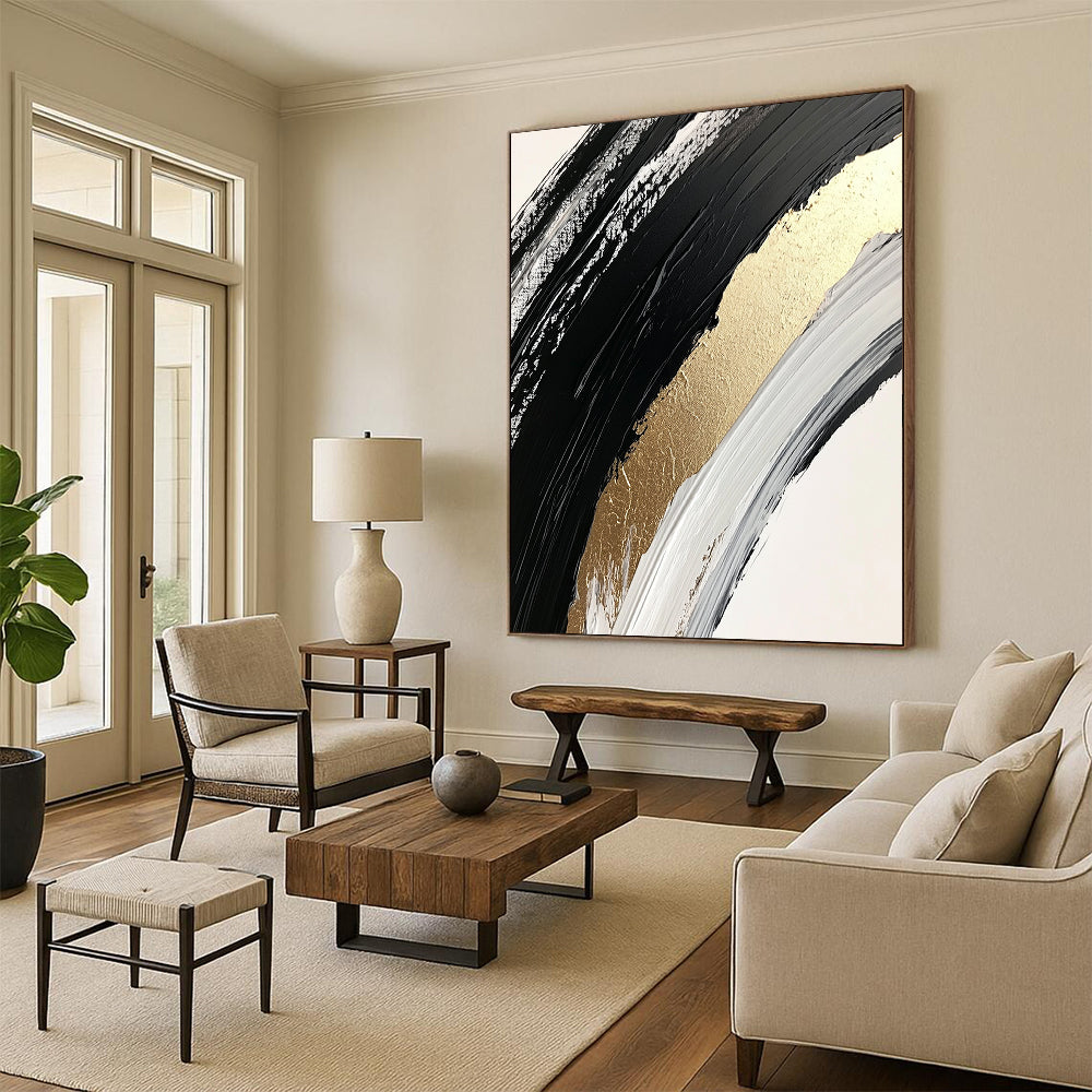 Black, White and Gold Curved Brushstrokes "Elegant Arc" Painting On Canvas HB321