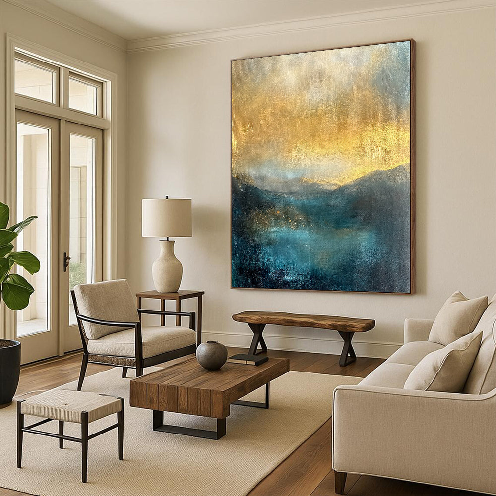 Contemporary abstract painting featuring misty mountains golden sky textured in teal and yellow tones perfect for adding elegance to any space. DLZ0486