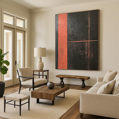 Large contemporary hand-painted abstract artwork featuring a dark orange rectangle with dynamic lines on a striking black background, showcasing bold textures and brush strokes. DLZ1282