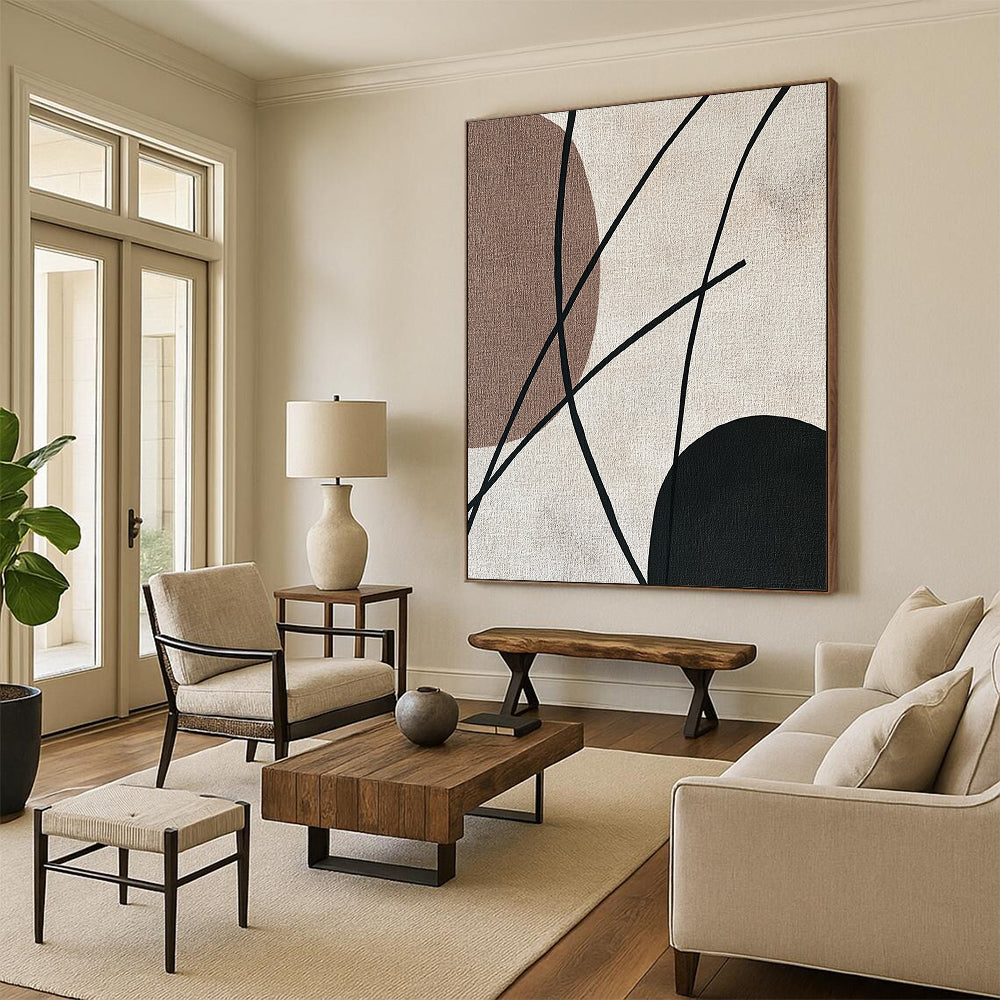 Contemporary abstract painting features minimalist Japandi art with black strings elegantly contrasting against a beige background in soothing earthy tones. DLZ1627
