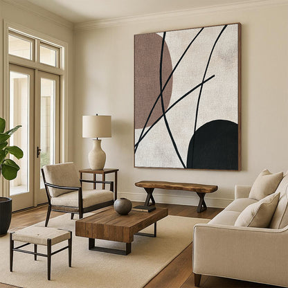 Contemporary abstract painting features minimalist Japandi art with black strings elegantly contrasting against a beige background in soothing earthy tones. DLZ1627