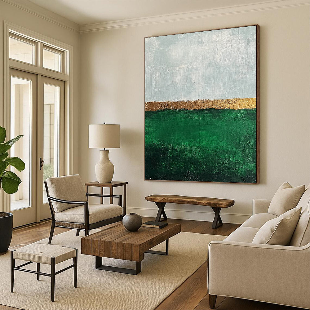 Contemporary abstract art featuring impasto technique with thick strokes, showcasing an emerald green field and muted sky in a minimalist aesthetic. DLZ1351