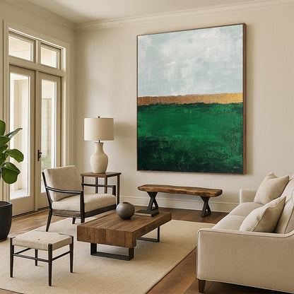 Contemporary abstract art featuring impasto technique with thick strokes, showcasing an emerald green field and muted sky in a minimalist aesthetic. DLZ1351