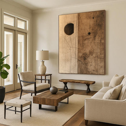 Contemporary hand-painted abstract art features textured brown paper with dark stains and a small hole, complemented by a striking cardboard piece. DLZ1089