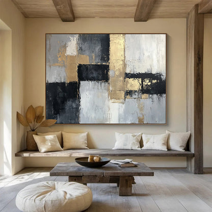 “Gold Accents on Gray Abstract” - Gray, white, black, gold; Abstract with geometric shapes and gold accents; Acrylic Painting On Canvas HB1268
