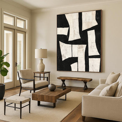 Contemporary hand-painted abstract art featuring deconstructed minimalist shapes and torn paper collage in dynamic white on black. DLZ0303