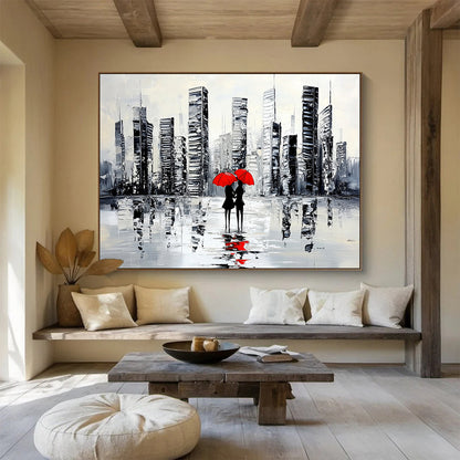 “City Lovers with Red Umbrellas” - Black, White, Red, Urban Couple Scene Painting On Canvas HB0849