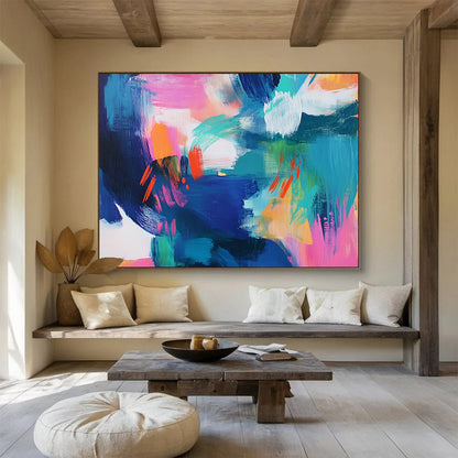 “Color Burst Chaos” - Blue, Pink, Orange, Abstract Brushstrokes Painting On Canvas HB0736