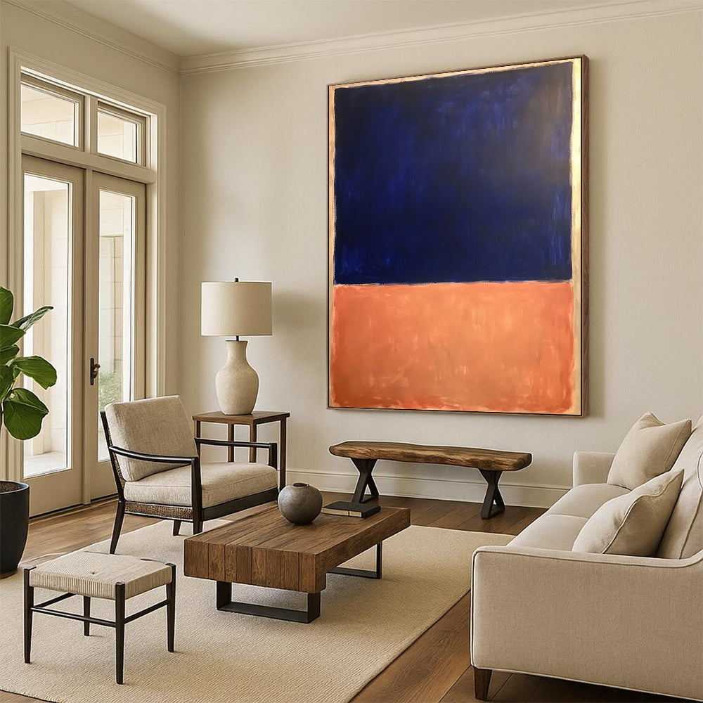 Contemporary hand-painted abstract artwork featuring dark blue and light orange with a significant white space, inspired by Rothko’s bold minimalism. DLZ1362
