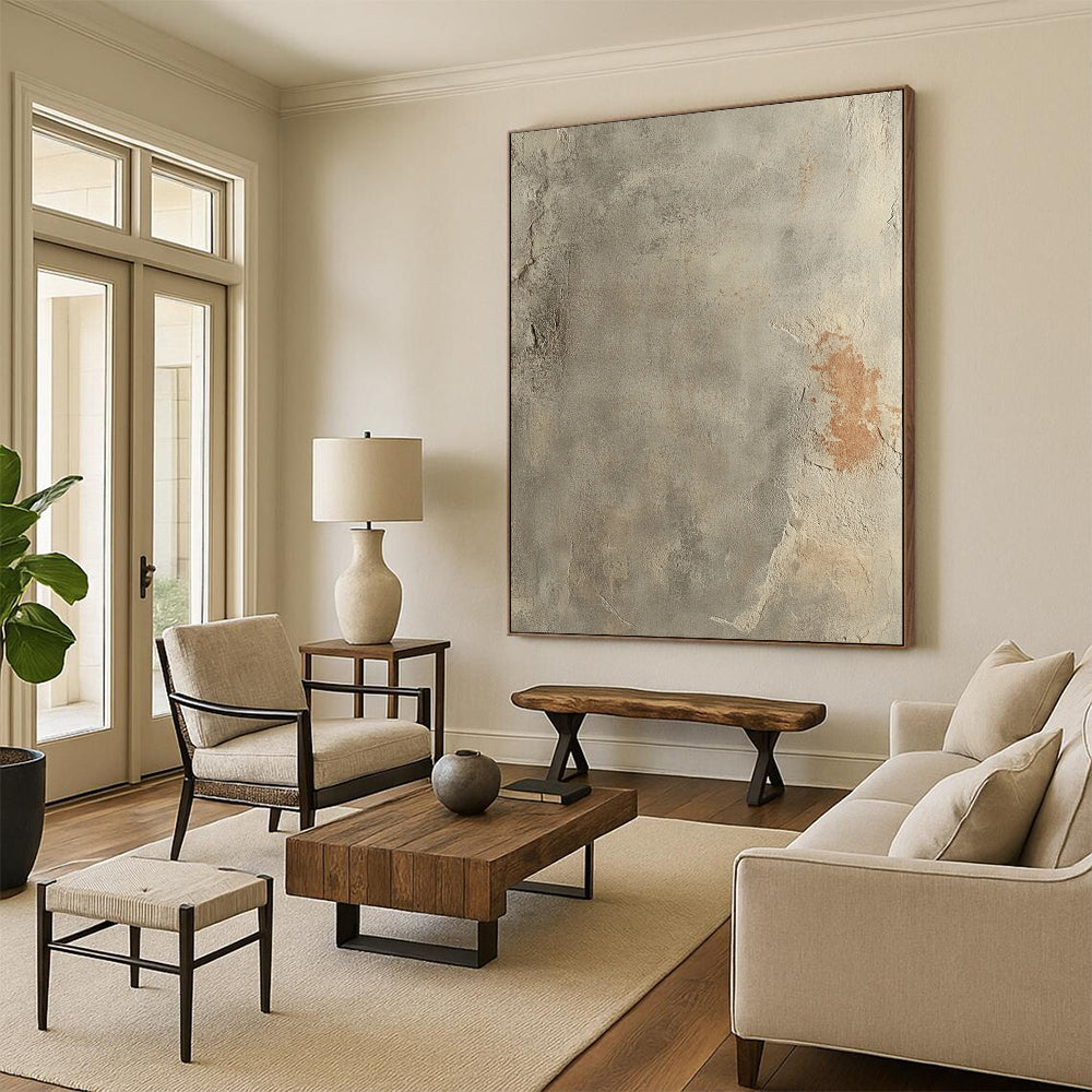 Contemporary hand-painted abstract art showcasing a textured gray concrete floor with rust accents and a soft gradient, emphasizing the beauty of aged surfaces. DLZ1485