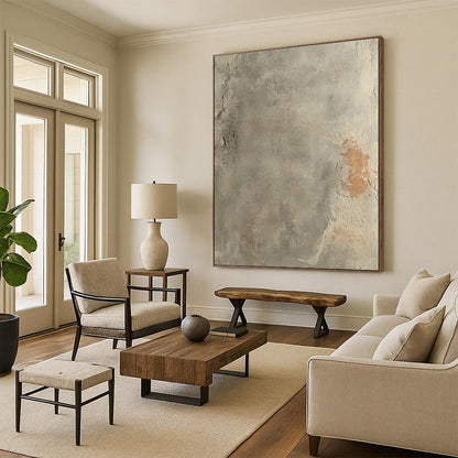 Contemporary hand-painted abstract art showcasing a textured gray concrete floor with rust accents and a soft gradient, emphasizing the beauty of aged surfaces. DLZ1485