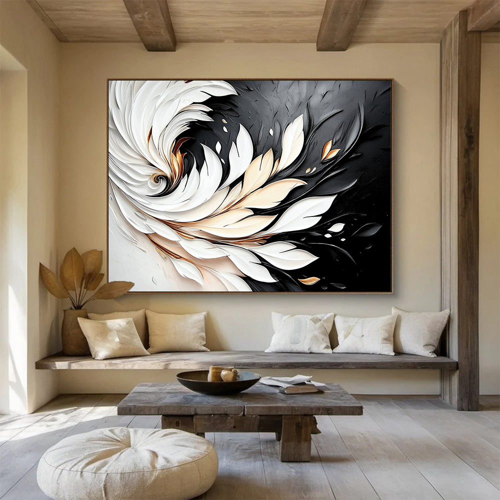 “3D White - Gold Feather Swirl on Black” - White, Gold, 3D Feather Shapes Painting On Canvas HB0796