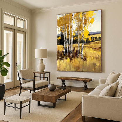 Large contemporary hand-painted abstract artwork featuring birch trees in vibrant yellow against sunny grasslands with bold brush strokes. DLZ1102