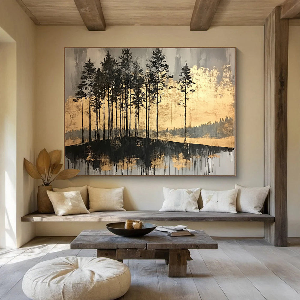 “Gilded Forest Reflections” - Dark grays, blacks, shimmering golds; Silhouetted trees, reflective water; Minimalist Landscape Painting On Canvas HB1158