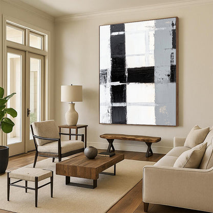 Black, White, Gray, Patchwork Squares "Monochrome Patchwork" Abstract Minimalist Painting On Canvas HB160