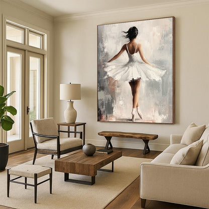 Contemporary hand-painted abstract art featuring an elegant ballerina in a white dress with graceful movements set against a soft gray and neutral background. DLZ1121