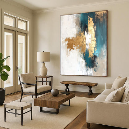 Contemporary hand-painted abstract artwork featuring gold leaf with white teal beige and brown tones and elegant gold foil accents. DLZ0743