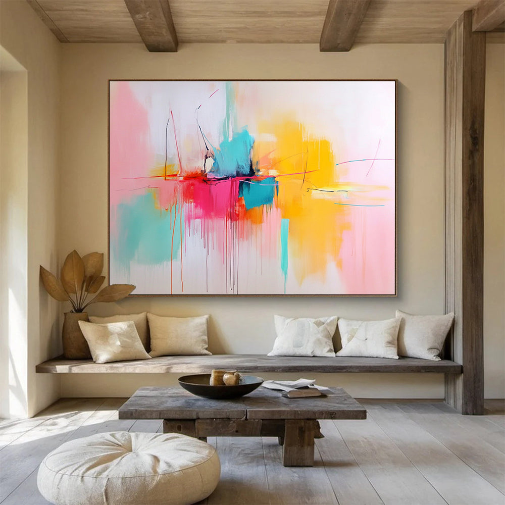 “Color Burst Center” - Pink, Yellow, Blue, Orange, Abstract Expressionist Painting On Canvas HB1062
