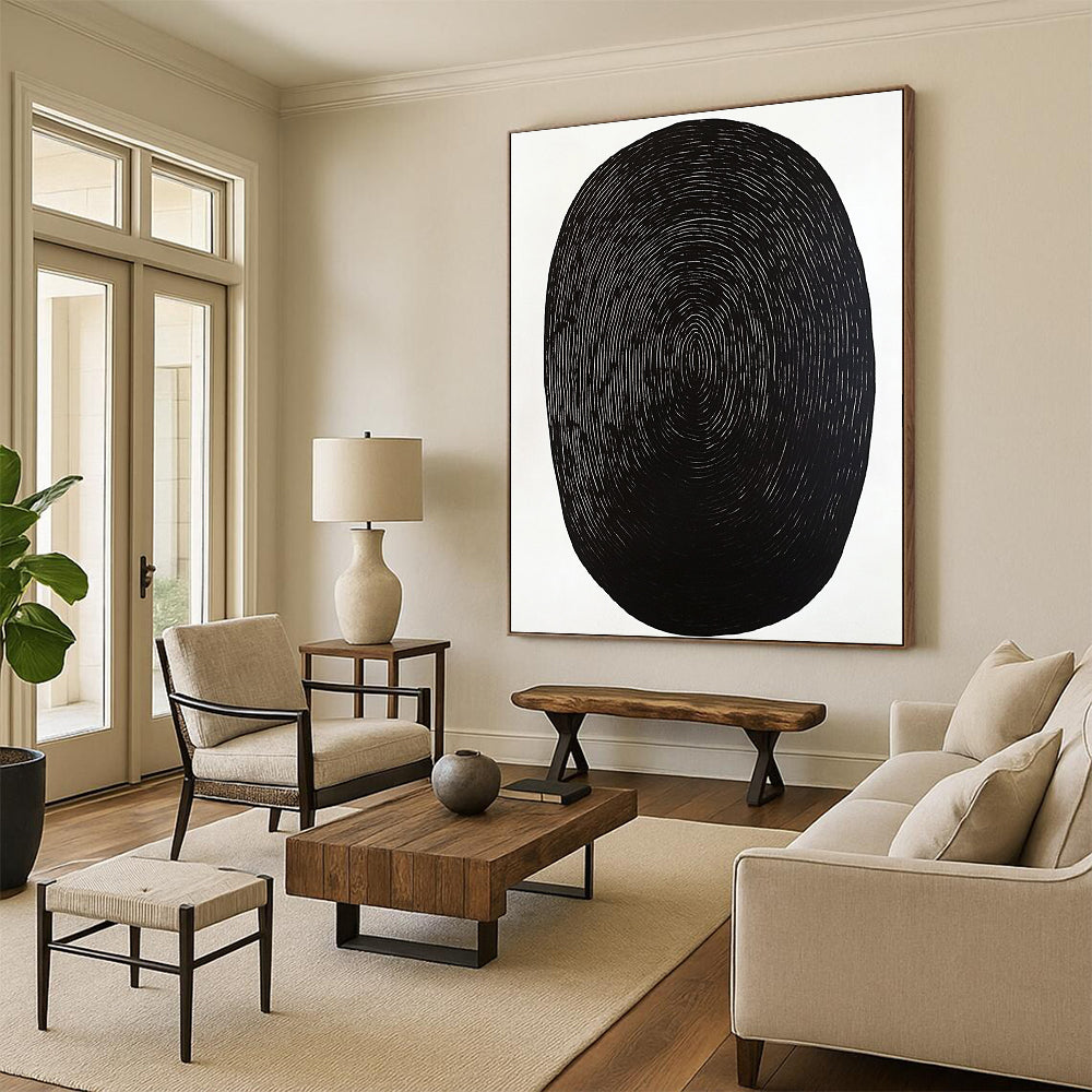 Contemporary abstract artwork featuring a black oval shape on a white background with minimal wood grain print emphasizing simplicity and elegance. DLZ1534