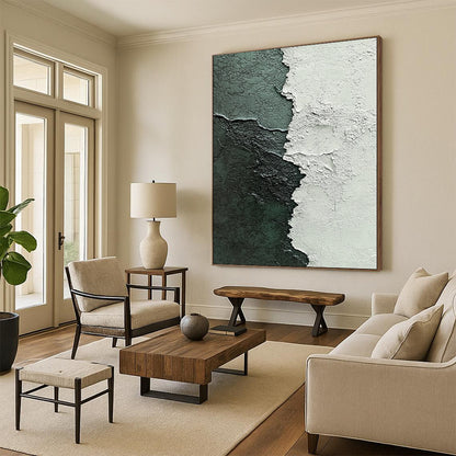 Contemporary abstract painting highlights textured contrast of white plaster and dark green paint with intricate brushstrokes in gray and blue tones. DLZ1213