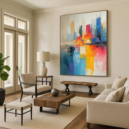 Contemporary hand-painted abstract art featuring a cityscape in muted beige and light blue tones with vibrant pinks yellows and expressive brushstrokes. DLZ0591