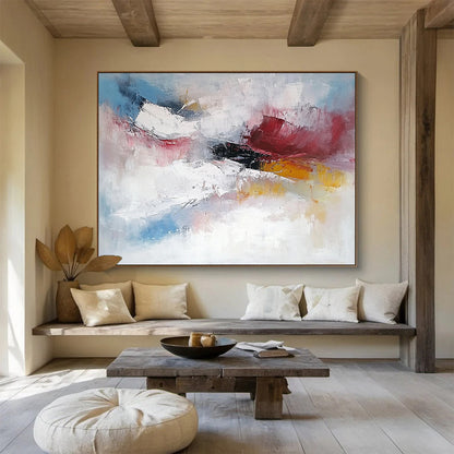 “Soft Abstraction” - Pink, white, blue, yellow; Gentle blended strokes evoke dreamy skies; Pastel Abstract Oil Painting On Canvas HB1170