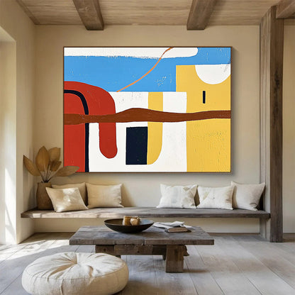“Colorful Abstract Landscape” - Blue, Red, Yellow, Brown, White - Abstract Geometric Landscape - Acrylic Painting HB1314