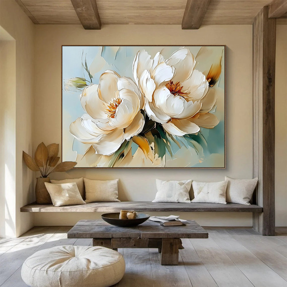 “Cream - colored Peonies on Light Blue” - Cream, Light Blue, White, Cream - colored peonies on light blue - Impasto Oil Painting HB1789