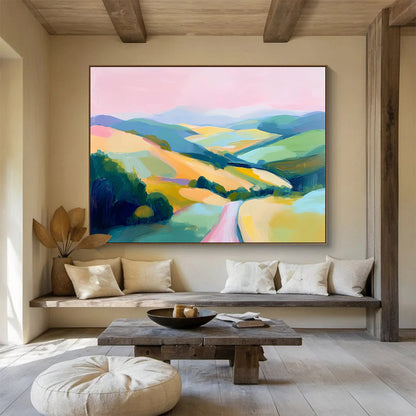 Pink, Blue, Green, Yellow and Purple Colorful Valley "Vibrant Vista" Painting On Canvas HB0673