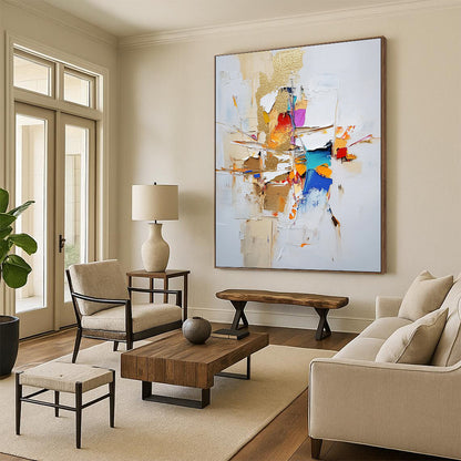 Contemporary large abstract painting featuring gold leaf and textured strokes in neutral tones with vibrant accents on a white background. DLZ0744