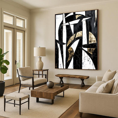 Black, White and Gold Geometric Abstraction "Timeless Contrast" Painting On Canvas HB338