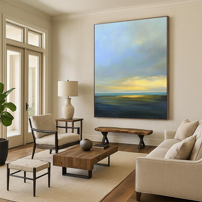 Contemporary abstract artwork featuring a serene sky with soft blues and grays, accented by light yellow highlights and distant clouds. DLZ0492