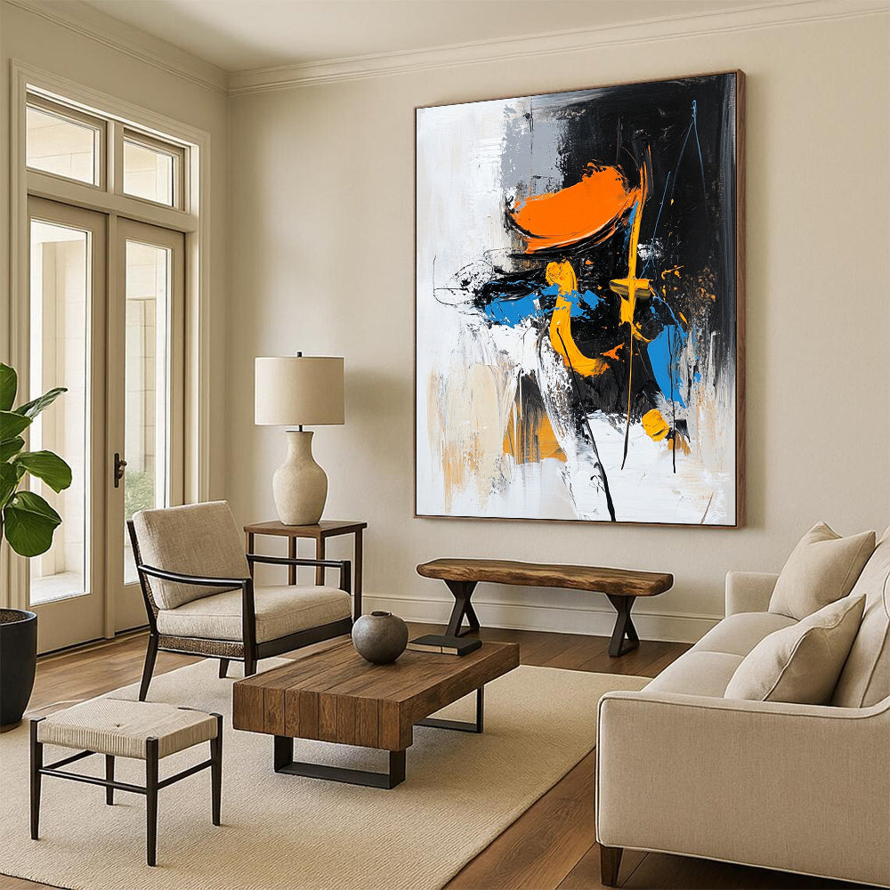 Contemporary abstract painting featuring a figure in motion with an orange hat and black boots set against dynamic brush strokes and vibrant colors. DLZ0868