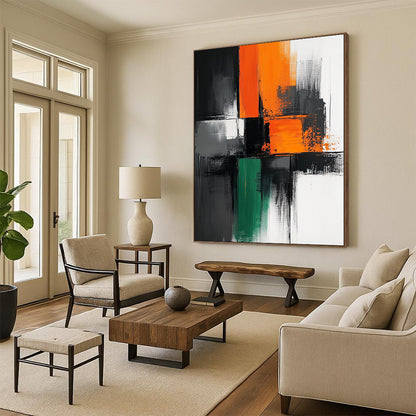 Contemporary hand-painted abstract artwork features bold black lines on a pristine white background with vibrant blocks of orange gray and green colors. DLZ1651