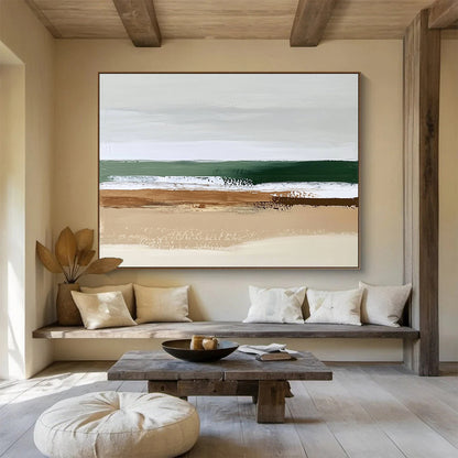 “Abstract Beach Layers” - Earthy brown, green, white, Minimalist Seascape Painting On Canvas HB0614