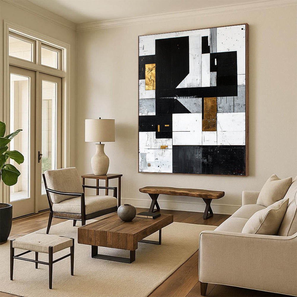 Black, White, Gray, Gold, Textured Rectangles "Gilded Rustic Modern" Abstract Modernist Painting On Canvas HB130
