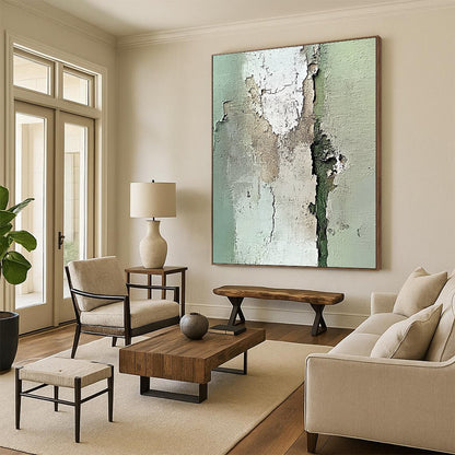 Contemporary abstract artwork featuring an old peeling wall in neutral tones with intricate light green and beige textures using impasto technique. DLZ1199