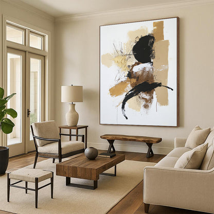 Contemporary abstract painting features a white background with a beige and black palette accented in gold utilizing dry brush technique and textured strokes. DLZ0432
