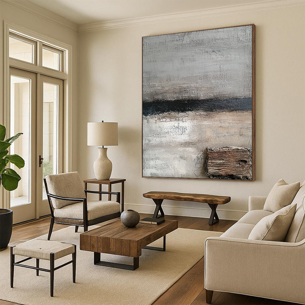Contemporary hand-painted abstract art featuring shades of gray and white with textured wood and hints of dark blue for a serene aesthetic. DLZ0925