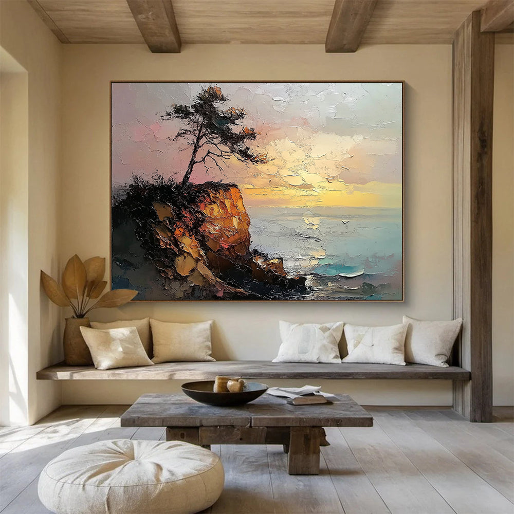“Cliffside Tree at Sunset” - Textured Oranges, Pinks, Browns, Tree on Cliff by Sea - Impasto Oil Painting HB1693