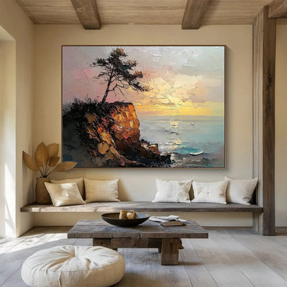 “Cliffside Tree at Sunset” - Textured Oranges, Pinks, Browns, Tree on Cliff by Sea - Impasto Oil Painting HB1693