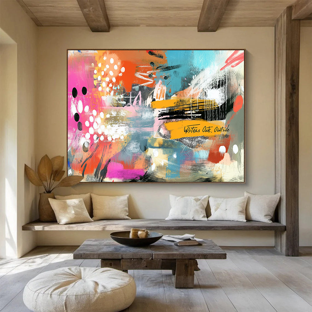 “Vibrant Abstract Collage” - Bold mix of pink, orange, blue with playful patterns, Contemporary Mixed - Media Painting On Canvas HB0539