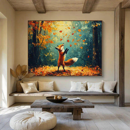 “Fox in Autumn Forest” - A fox playing with leaves in a colorful forest, Impressionist Animal Painting On Canvas HB0552
