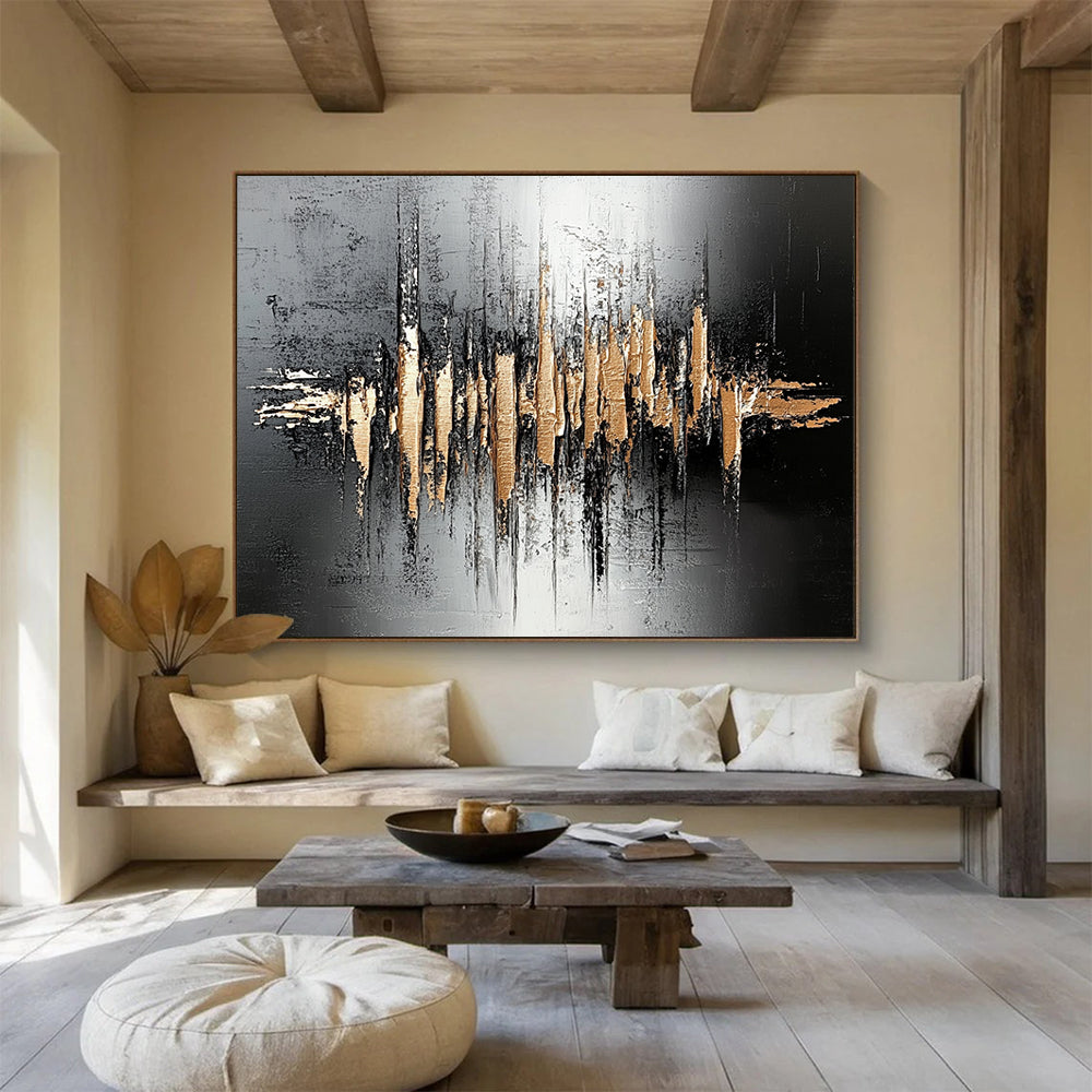 “Gold - Black Soundwave Textures” - Black, Gold, Soundwave Shapes Painting On Canvas HB0804